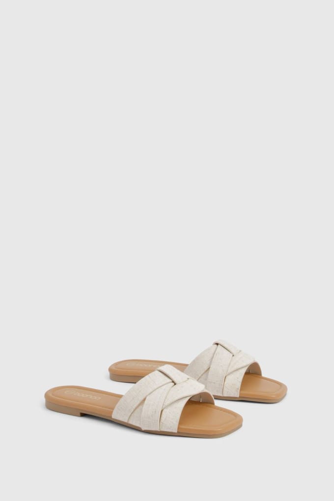 boohoo Dames Brede pasvorm geweven basic mule sandalen | Natural | Maat: 39