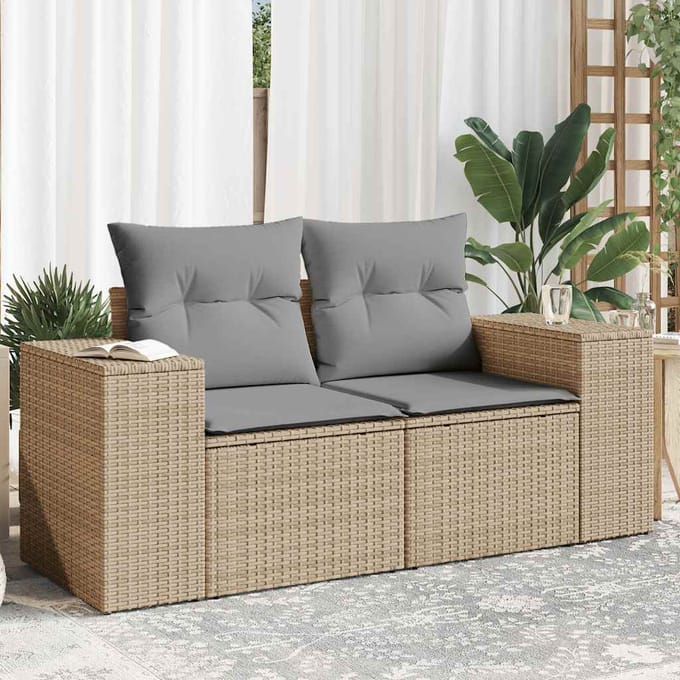 vidaXL - Tuinbank - 2-zits - met - kussens - poly - rattan - beige