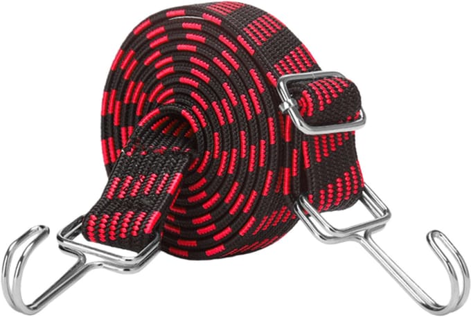Elastisch touw, verstelbaar elastisch touw, elastisch touw met haak, plat elastisch touw, geschikt voor het vervoeren van goederen, fietsen, motoren, auto's, kamperen, enz., rood, 4 meter.