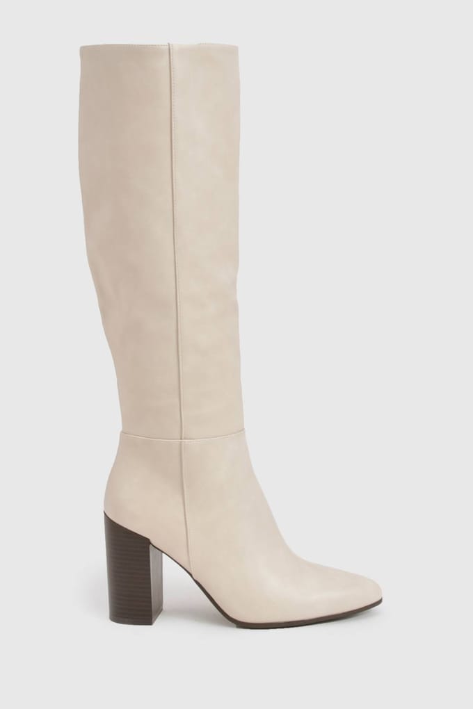 boohoo Dames Column Kniehoge Stacked Hiel Laarzen | Ecru | Maat: 8