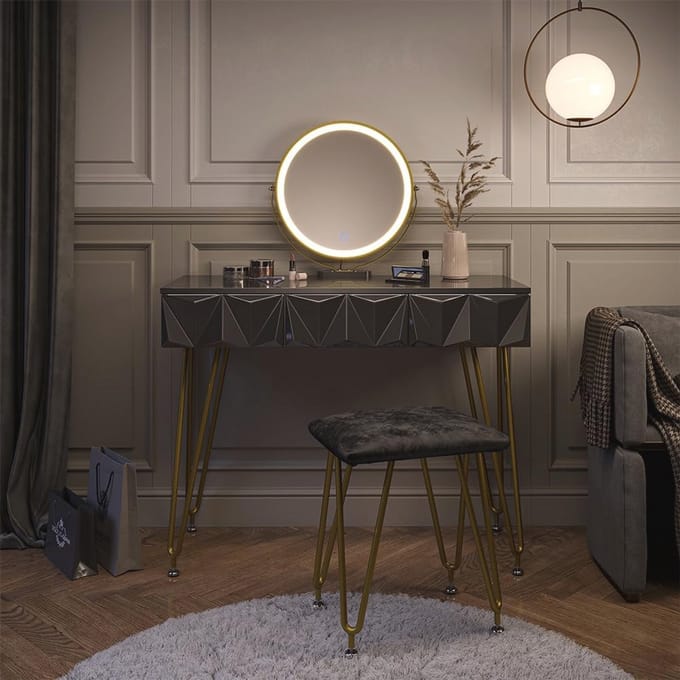 Complete Kaptafel Set met LED Spiegel en Kruk in Hoogglans Zwart