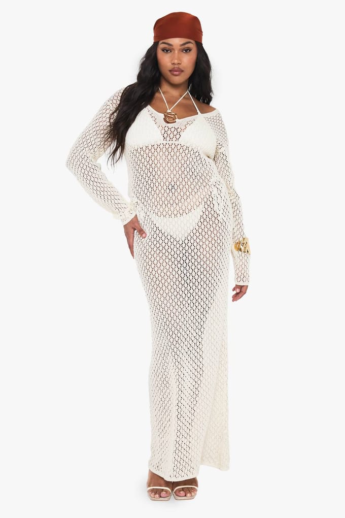 boohoo Dames Plus Gebreide Rand Detail Strand Maxi Jurk | Ecru | Maat: 16