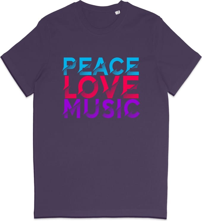 T Shirt Heren en Dames - Vrede Liefde Muziek - Paars - M
