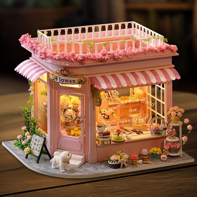 Houten DIY Miniaturen Poppenhuis Bouwset - Creatief Modelbouwproject Bloem Roze Wereld
