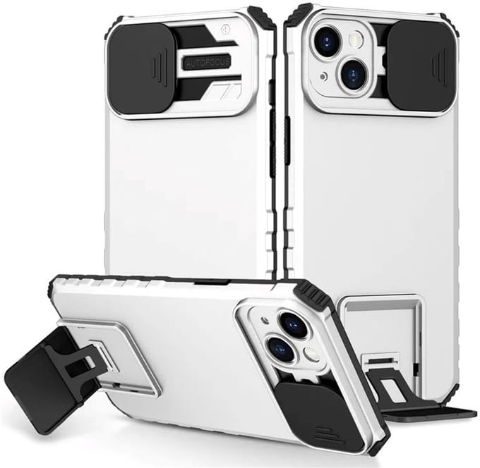 Cityhoesje - iPhone 15 Plus-14 Plus- Slide Camera Lid – BackCover - Anti-drop Kickstand - Wit