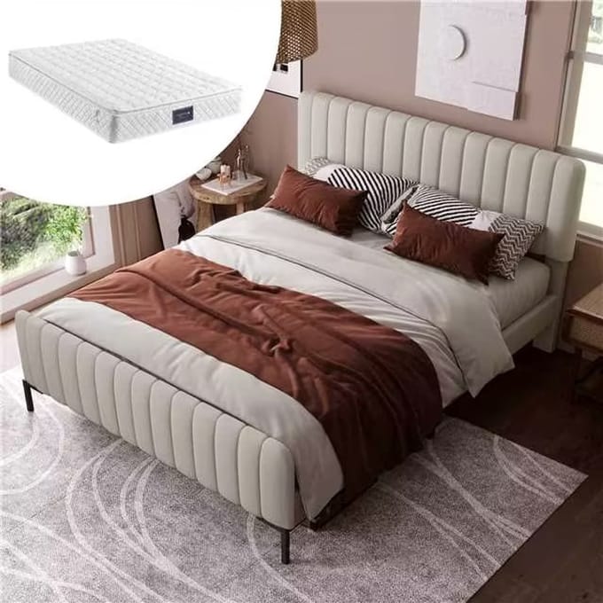 MODFU - Bedframe 140x200 cm – Grijs-beige linnen met verstelbaar hoofdbord – Lattenbodem
