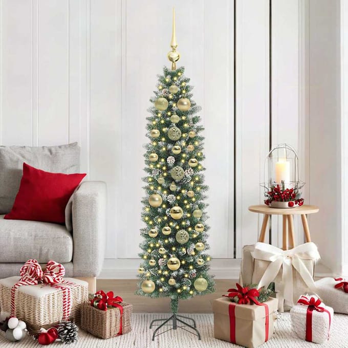 vidaXL Kunstmatige slanke kerstboom Groen en Wit 150 cm