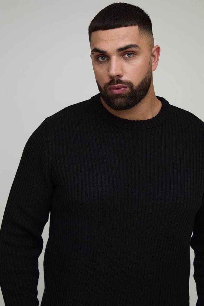 Plus Basic Regular Fit Geribde Gebreide Trui | Black | Size 2XL