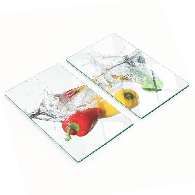 Decoratieve glazen serveerplanken voor snacks, Peppers Splash, 2x30x52 cm