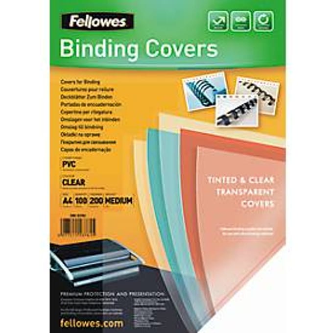 Fellowes dekblad pvc, transparant, A4, voor draad- en plasticinbindmachines, 200 µm, 100