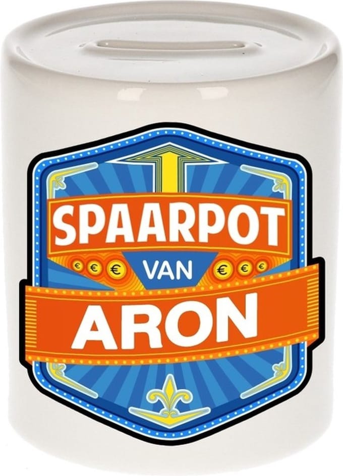 Bellatio Decorations Kinder spaarpot met naam - Aron - keramiek - met dop - wit - Sparen - Spaargeld van Aron