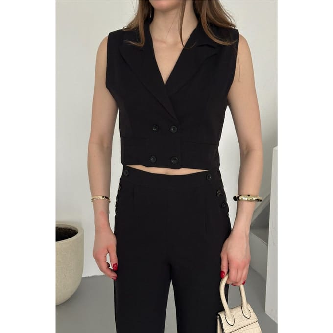 Hoge Taille V-hals Knopblijder Brede Pijpen Co-ord Set