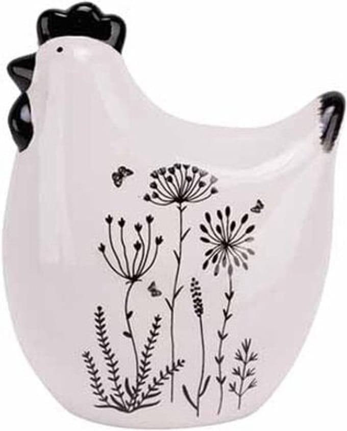 Cosy @ Home Kip - Bloemen - Wit/Zwart - 10x6,8H12,7cm