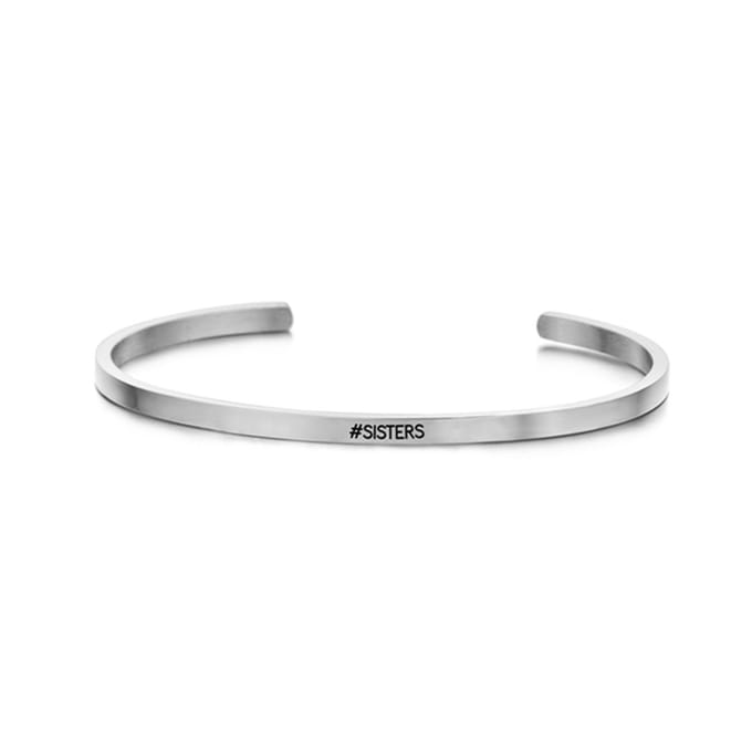 Key Moments 8KM-B00373 - Stalen open bangle met tekst - #sisters - zirkonia - one-size - zilverkleurig