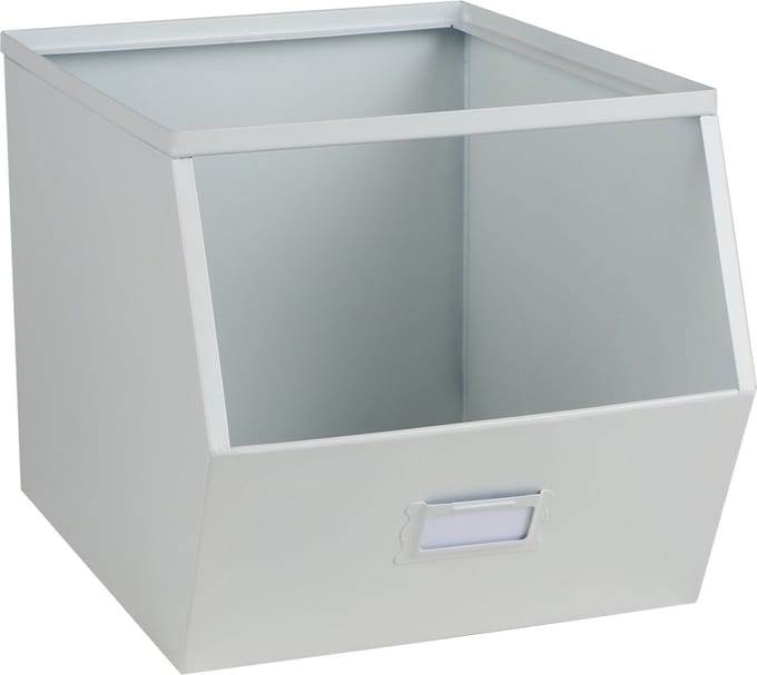 "LOFT & METAL" - Set van 4 stapelbare witte metalen opbergmanden met etikethouder, 32 x 23 x H21 cm