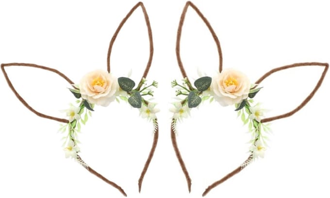 Chaks Verkleed diadeem paashaas/bunny oren - 2x - met bloemen - wit - one size
