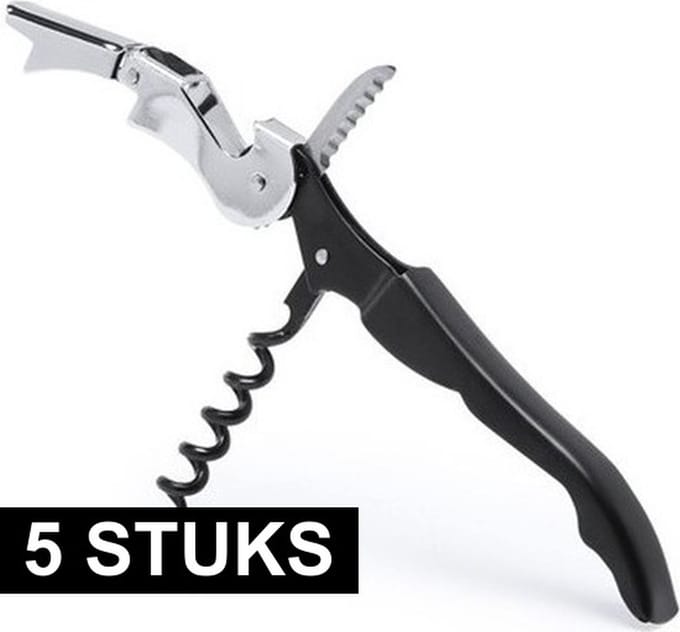 Kurkentrekker 3-in-1 - 5x - rvs metaal - zwart/zilver - 12 cm - wijnflessen