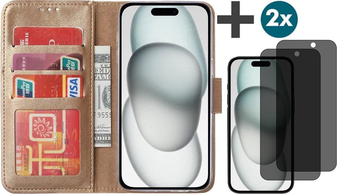 Hoesje met Privacy Screenprotectors 2 Stuks Geschikt voor iPhone 15 – Arara bookcase met pasjeshouder - Goud