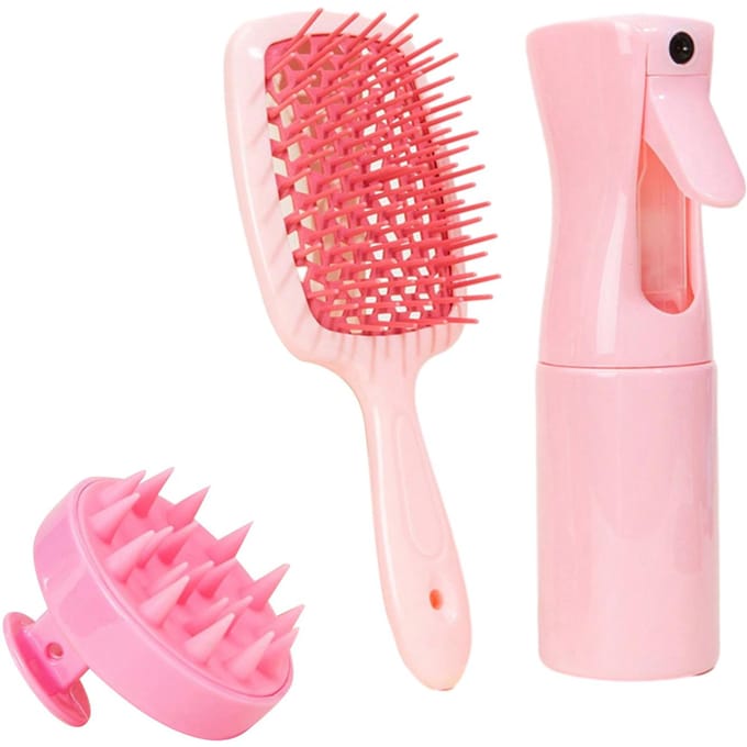 Shampooborstel Hoofdhuidmassage + Sprayflesdispenser + Skeletkam Styling Gladmakende Kam roze