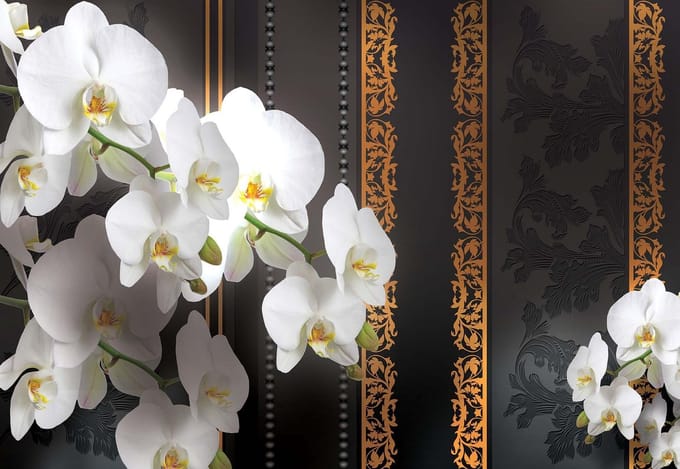 Fotobehang Flowers Floral Orchids Pattern | XL - 208cm x 146cm | 130g/m2 Vlies