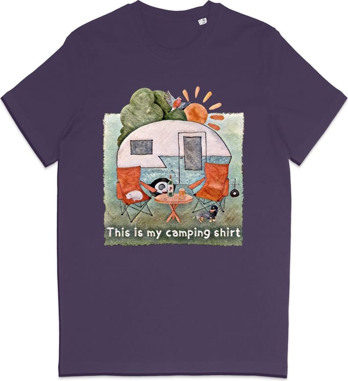Heren en Dames T Shirt - Camping Kampeer Tafereel - Paars XL