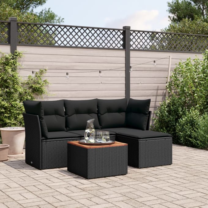 vidaXL - 5-delige - Loungeset - met - kussens - poly - rattan - zwart
