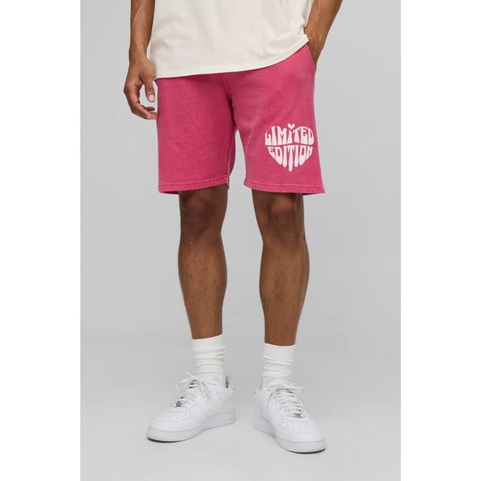 Regular Fit Shorts Met Limited Heart Grafische Print En Washed Jersey | Red | Size Medium
