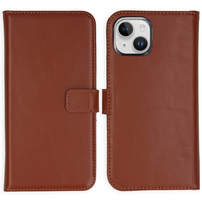 Selencia Hoesje - Geschikt voor Apple iPhone 15 Plus - Echt Lederen Bookcase - Lichtbruin