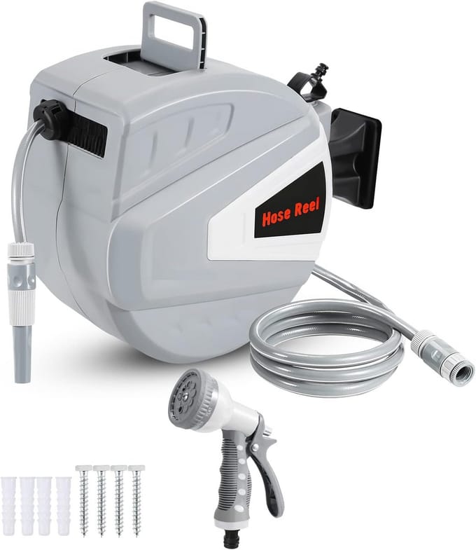 Slanghaspel Tuinslang - Waterslang Hasper - Tuin Sproeien - Automatisch oprollen - 30 meter - Grijs