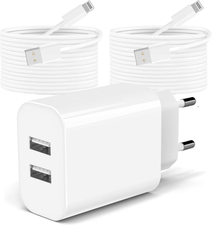 Dual USB-A Oplader + 2x 8 pin Kabel – Geschikt voor Apple iPhone - 3 Meter - USB Stekker – Snellader – Fast Charger - Dubbele USB Stekker – USB A - 12W - Wit