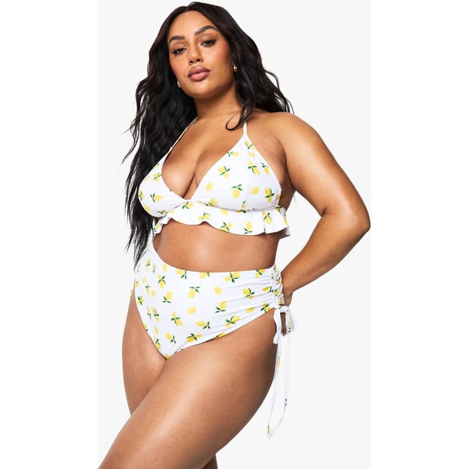 boohoo Dames Plus Lemon Print High Waist Bikini Brief | Maat: 28