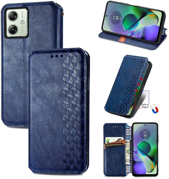 Luxe PU Lederen Ruitpatroon Wallet Case + PMMA Screenprotector voor Moto G54 5G _ Blauw