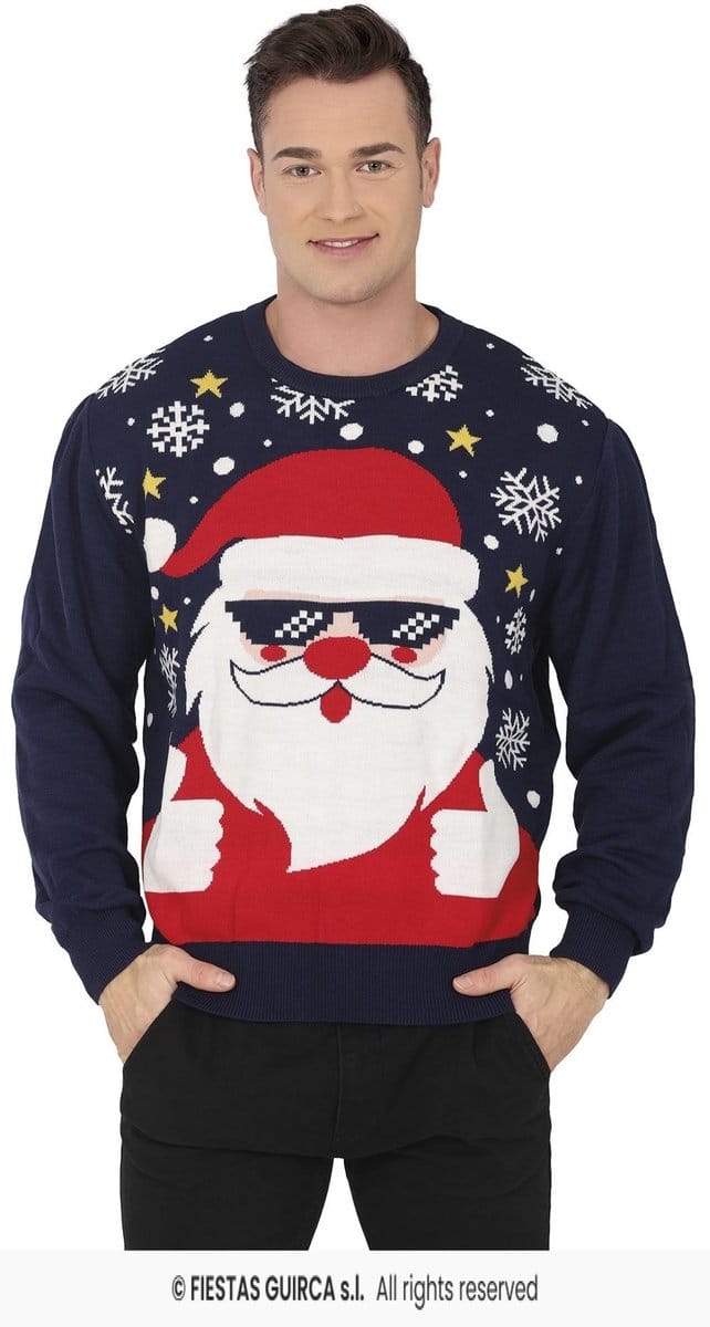 Fiestas Guirca - Heren kersttrui coole kerstman - maat L - blauw