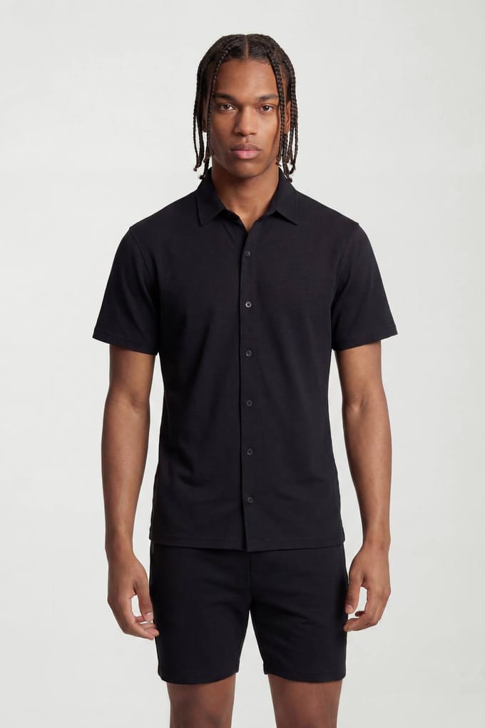 Slim Fit Jersey Overhemd Met Korte Mouwen En Reverskraag | Black | Size Medium
