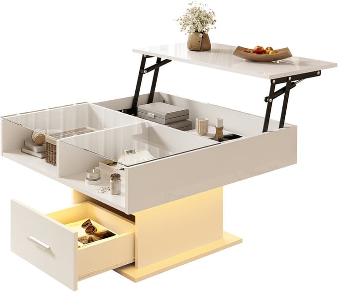 Salontafel - Verstelbaar - Hoogglans Lift Met LED En Flexibele Opbergruimte - MDF - Wit