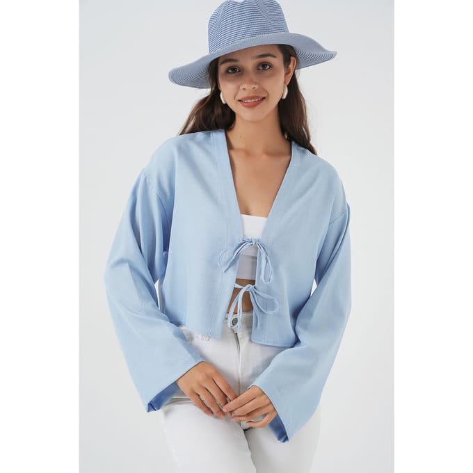 Viscose Blend V-Hals Lange Mouw Kimono met Binding Detail
