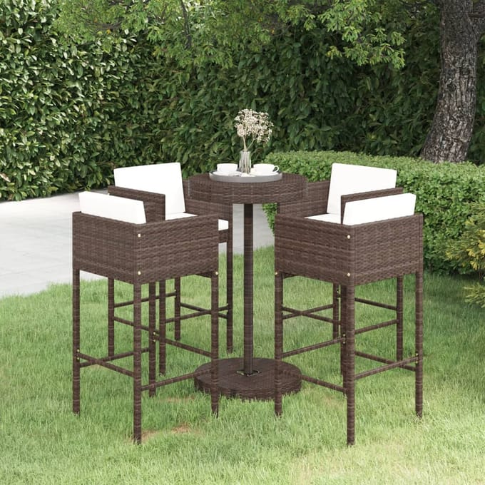 vidaXL - 5-delige - Tuinbarset - met - kussens - poly - rattan - bruin