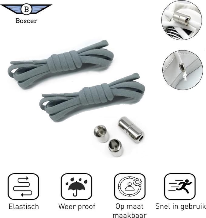 Boscer Elastische Veters Grijs | Capsule Sluitsysteem | Draaicapsule | Schoenveters | Makkelijk Sluitbaar | Jong & Oud!