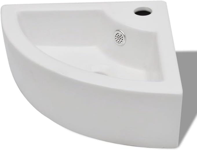 Keramische Hoek Wastafel - Handwasbak Rond - Badkamer Inrichting - Met Overloop - 33x33x13 cm - Wit