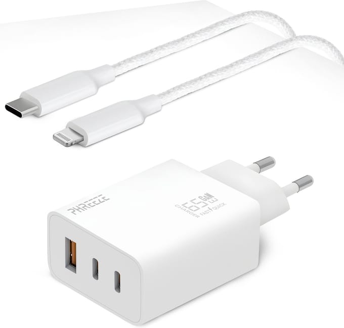 Oplader geschikt voor iPhone / iPad / MacBook - 65 watt oplader usb C - USB adapter 3 poorten - Oplaadstekker geschikt voor iPhone & iPad + Lightning naar USB C kabel 1 meter