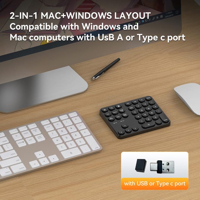 2.4G Draadloos Numeriek Toetsenbord 35 Toetsen Compact NumPad Compatibel met WinMacOS Klein Toetsenbord zwart