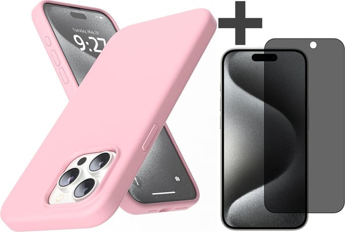 Hoesje met Privacy Screenprotector Geschikt voor iPhone 15 Pro Max Hoesje Siliconen - liquid case - Arara Backcover - Roze