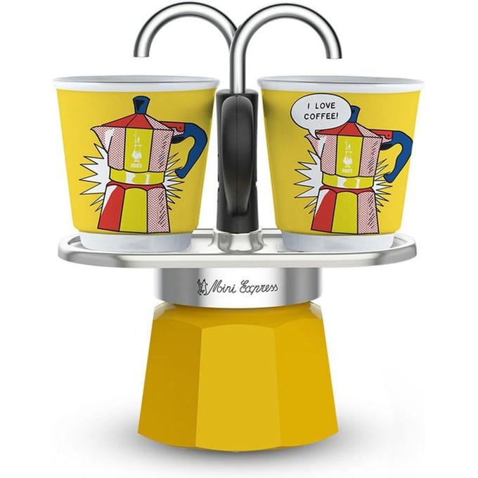 Set cafetiere italienne + 2 tasses - BIALETTI - Mini-express LICHTENSTEIN - 100 ml - Inox / Jaune