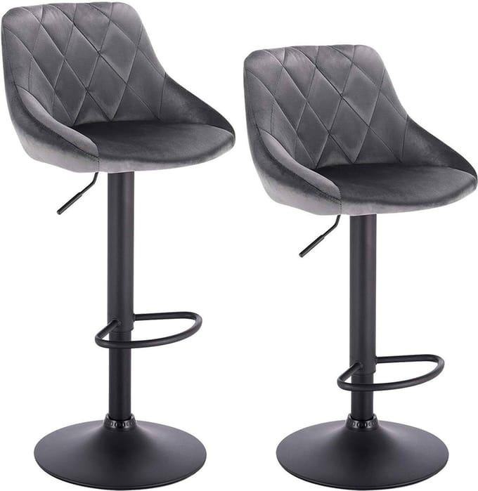 Designer Barkruk - Grijs - Velvet - Ergonomisch - Verstelbaar - Zithoogte 60-82cm - Set van 2