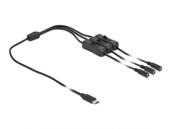 USB-C - 3x DC plug splitter | 5,5 x 2,1mm | max. 5V/3A (15W) | schakelaars | zwart | 1 meter