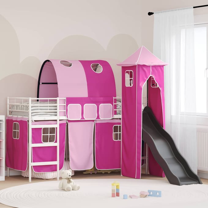 vidaXL - Bunkbed - voor - kinderen - Effen - Wit - en - Roze - 100 - x - 190 - cm - Metaal