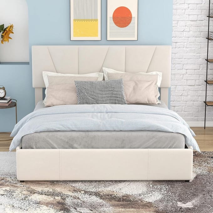 Gestoffeerd Bed - Platformbed Laden - Opbergen Slaapkamer - Verstelbaar Hoofdeinde - 140 x 200 cm - Beige