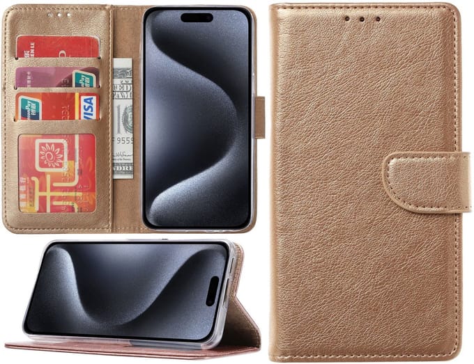 Hoesje geschikt voor iPhone 15 Pro Max - Bookcase - Pasjeshouder - Kunstleer - Goud