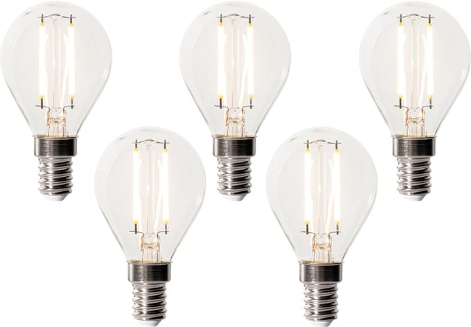 LUEDD Set van 5 E14 dimbare LED lampen P45 helder glas 3W 250 lm 2200K