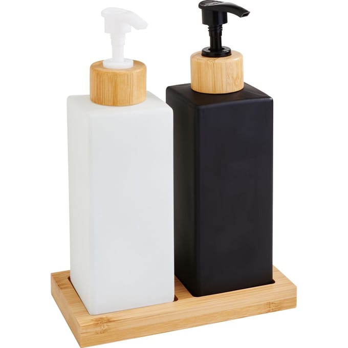 VBS Zeepdispenser‑set “Black & White”, met bamboe dienblad